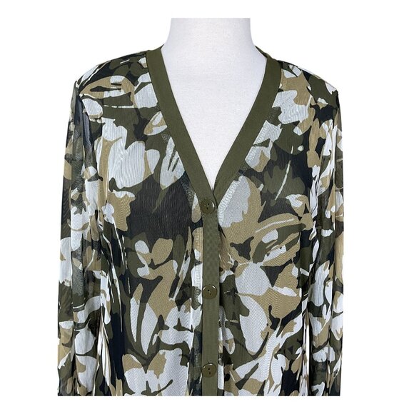Chicos Camo Olive Brown Floral Print V-Neck Button Front Mesh Cardigan LG - Picture 2 of 7